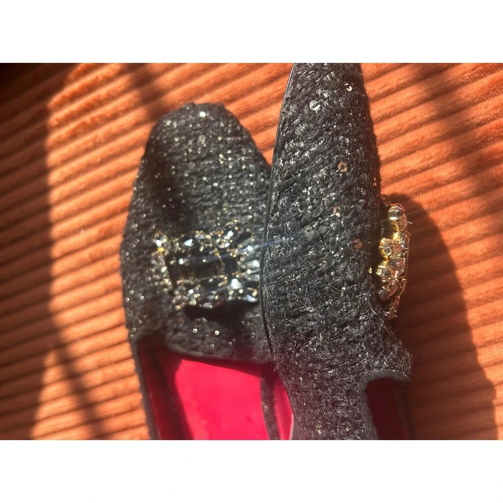 Kurt Geiger Loafers Women's Size 8 Black Good Crystal Buckle Tweed‎ Sparkle